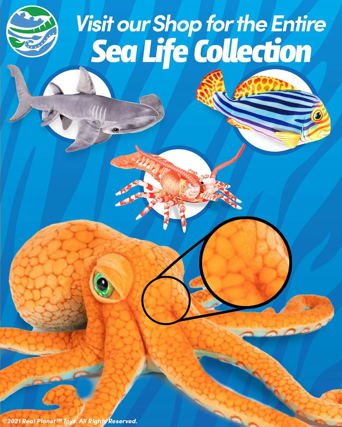 Sea Life Plush - Realistic Stuffed Animal Gift for Kids All Ages, Ocean Marine Creature Plushie, Christmas Birthday Gifts (Blue Octopus, 13") (19" Long)