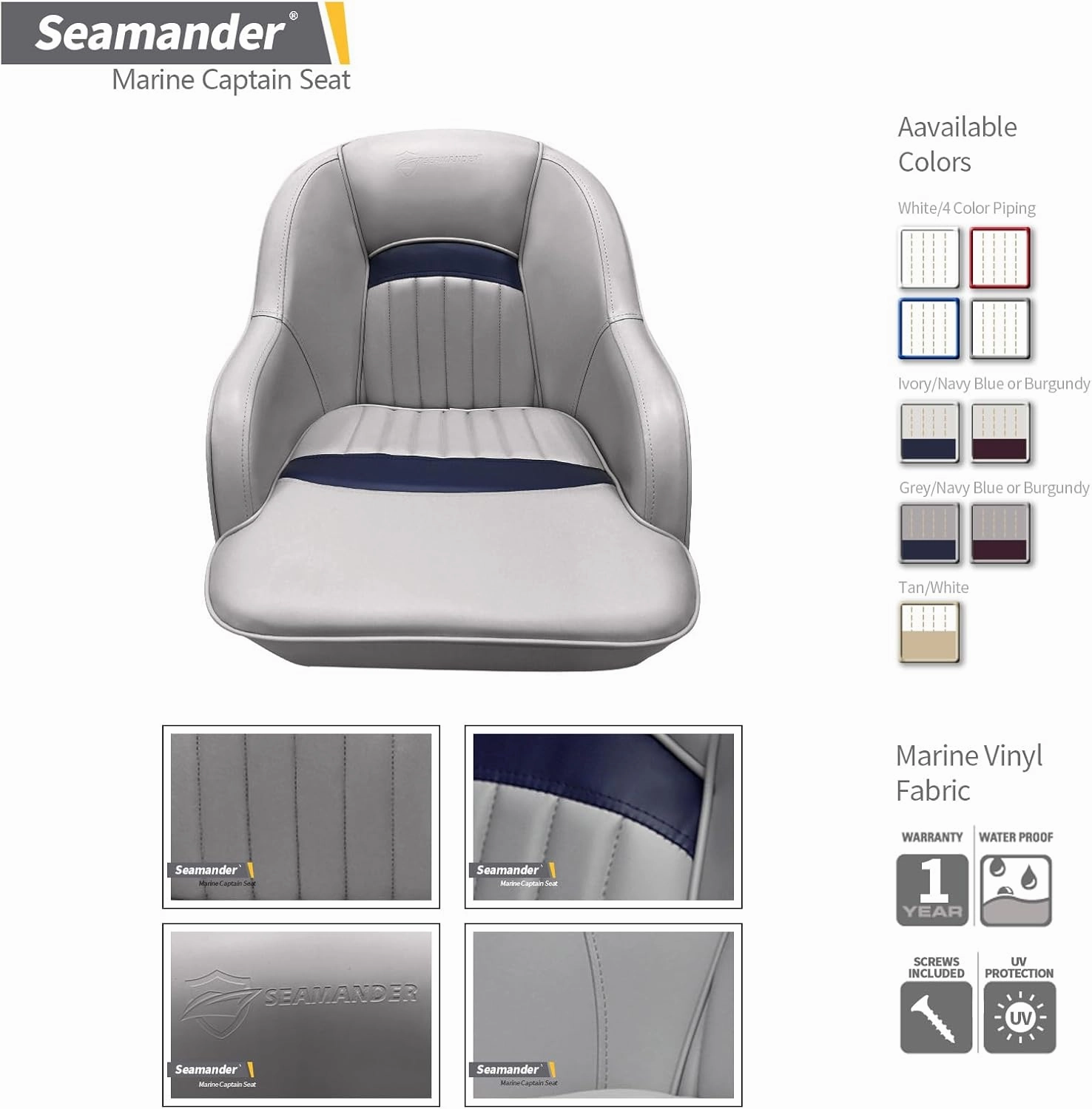 Seamander Pontoon Captains Bucket Boat Seat, 19.7H x 22.2L x 21.7D inches, Injection Molded Plastic Frame, Plush Foam Padding, Marine Grade Vinyl, 5x5 or 5x12 inch Mounting Pattern