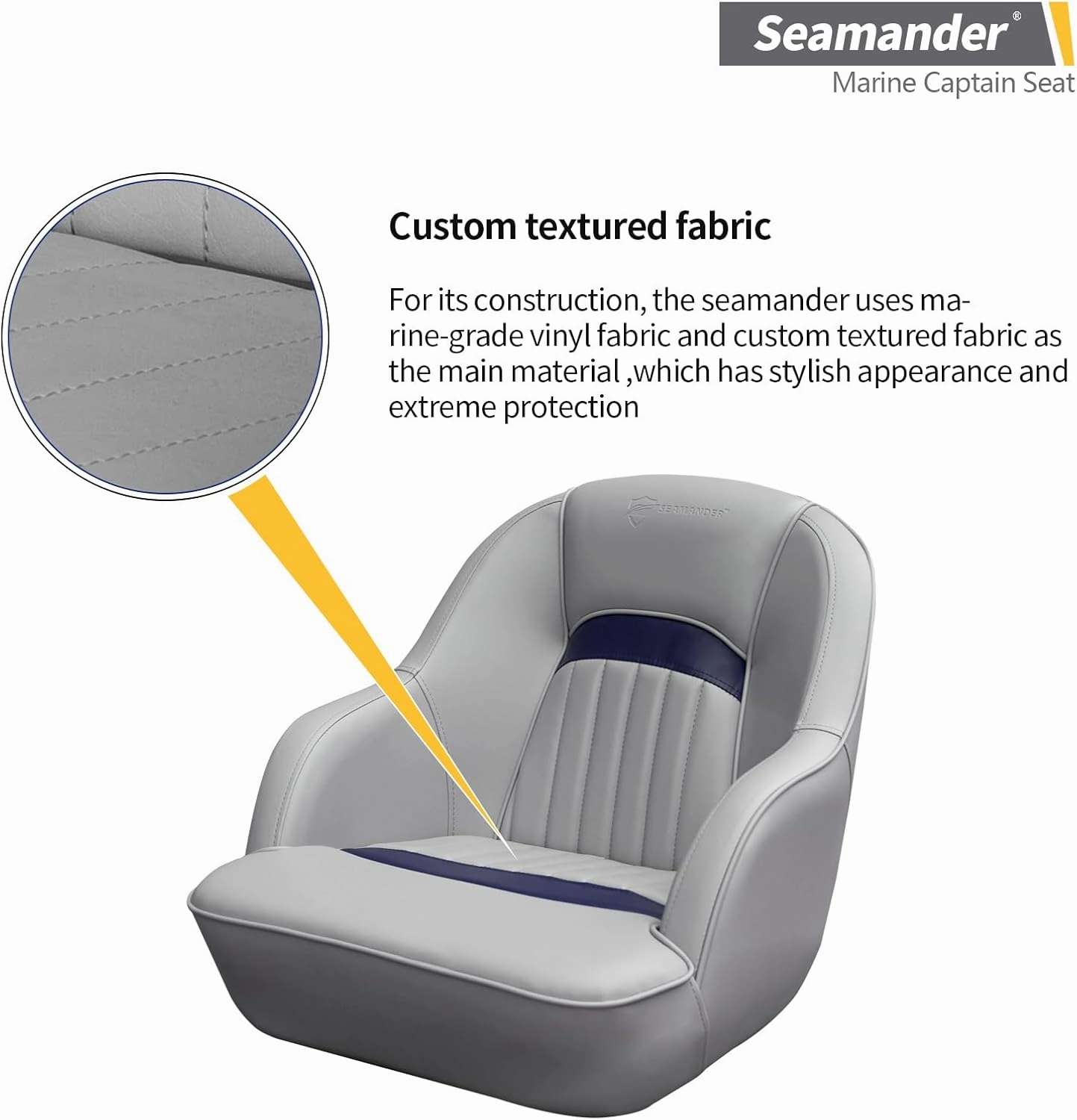 Seamander Pontoon Captains Bucket Boat Seat, 19.7H x 22.2L x 21.7D inches, Injection Molded Plastic Frame, Plush Foam Padding, Marine Grade Vinyl, 5x5 or 5x12 inch Mounting Pattern