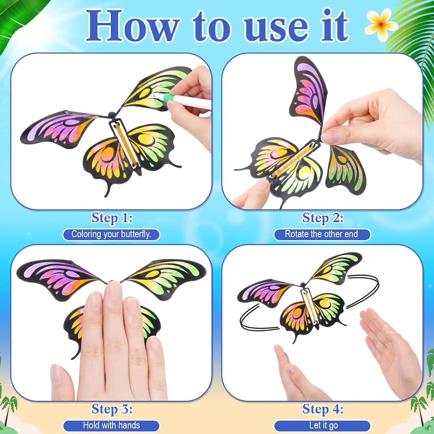 Seenelling 44 Pcs Flying Butterfly Craft Kit with 32 Wind up Butterflies and 12 Color Pens People Painting White Paper Butterflies DIY Toy for Party Game School Activity Birthday Gift (Style 1)