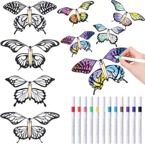 Seenelling 44 Pcs Flying Butterfly Craft Kit with 32 Wind up Butterflies and 12 Color Pens People Painting White Paper Butterflies DIY Toy for Party Game School Activity Birthday Gift (Style 1)