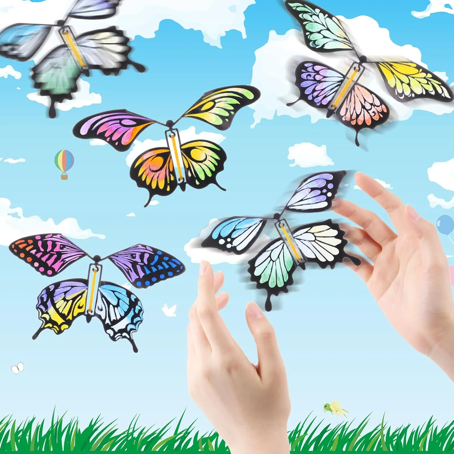 Seenelling 44 Pcs Flying Butterfly Craft Kit with 32 Wind up Butterflies and 12 Color Pens People Painting White Paper Butterflies DIY Toy for Party Game School Activity Birthday Gift (Style 1)