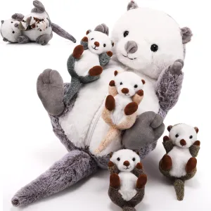 Shappy 5 Pcs Sea Otter Stuffed Animals Large Mommy Sea Otter Stuffy Plush with 4 Cute Babies in Her Zippered Belly Soft Cuddly Plushies for Boys Girls Birthday Gifts Ocean Party Decors(Gray)