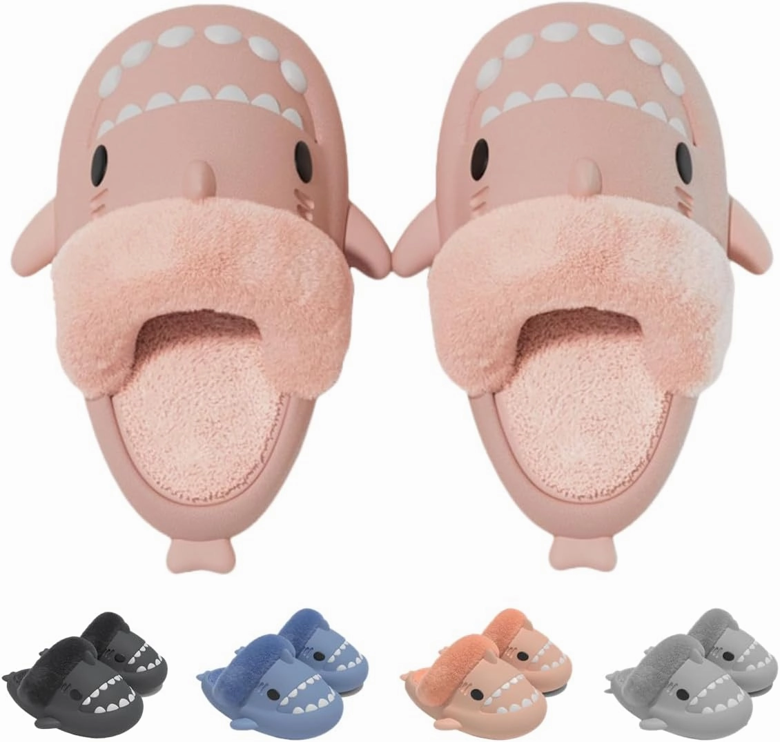Shark Fuzzy Slippers Women Men Cute Cartoon Plush Fluffy House Shoes Memory Foam Winter Warm Slippers Indoor