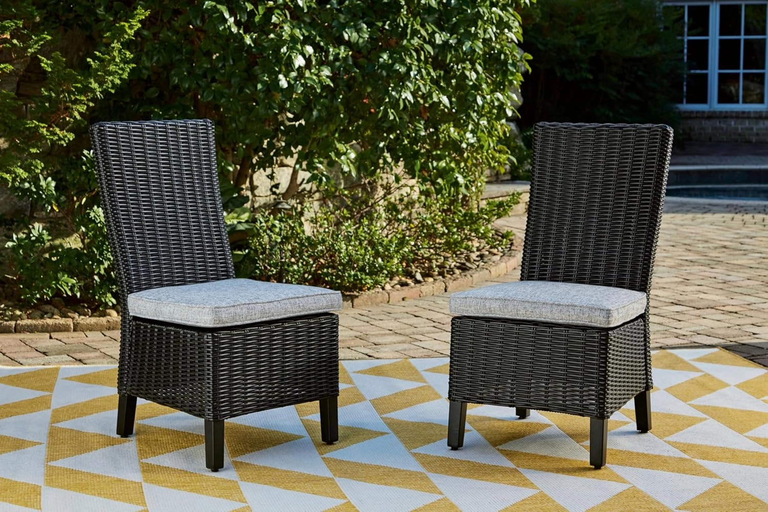 Signature Design by Ashley Beachcroft Casual Weather Resistant Armless Outdoor Side Chair with Cushion, Set of 2, Light Gray & Black