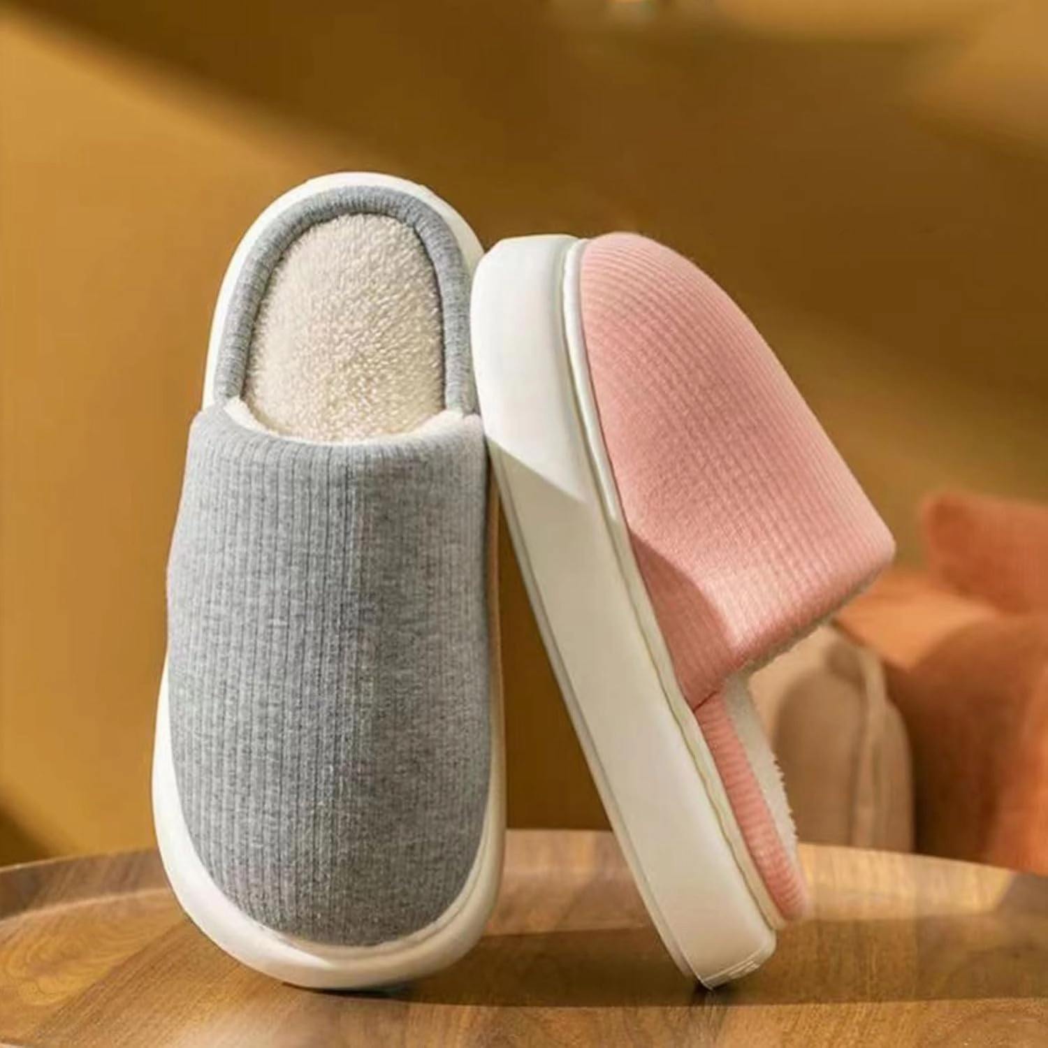 Simple Knitted Fabric Material Latex Cotton Slippers Soft Fluffy Warm Cozy Home Non-Slip Women Style Casual Memory Foam Slides Indoor Outdoor Anti-Skid