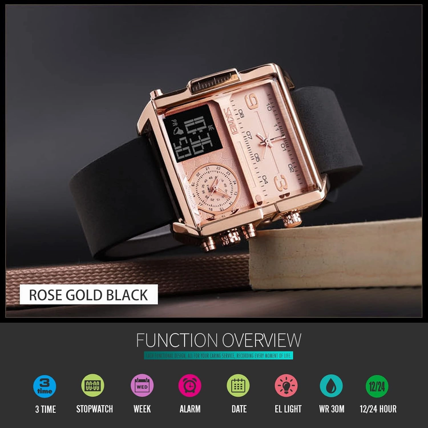 SKMEI Watches for Men, Square Men's Wrist Watches, LED Backlight Large Screen Multi-Time Zone Men's Watch, Waterproof Analog Men's Digital Sports Watch