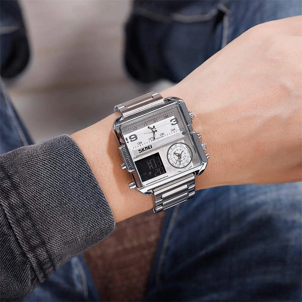 SKMEI Watches for Men, Square Men's Wrist Watches, LED Backlight Large Screen Multi-Time Zone Men's Watch, Waterproof Analog Men's Digital Sports Watch