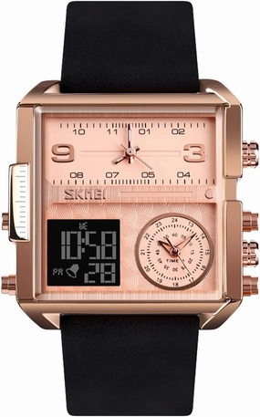 SKMEI Watches for Men, Square Men's Wrist Watches, LED Backlight Large Screen Multi-Time Zone Men's Watch, Waterproof Analog Men's Digital Sports Watch