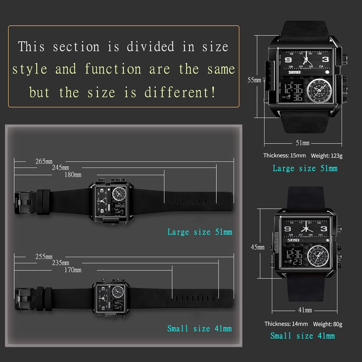 SKMEI Watches for Men, Square Men's Wrist Watches, LED Backlight Large Screen Multi-Time Zone Men's Watch, Waterproof Analog Men's Digital Sports Watch