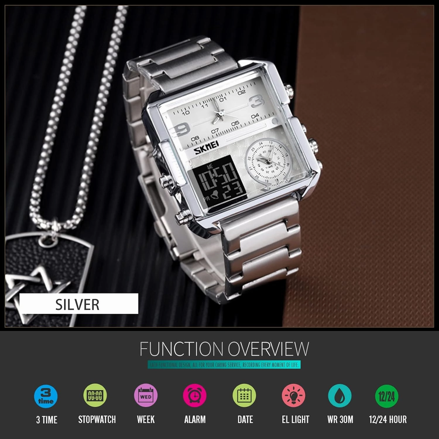 SKMEI Watches for Men, Square Men's Wrist Watches, LED Backlight Large Screen Multi-Time Zone Men's Watch, Waterproof Analog Men's Digital Sports Watch