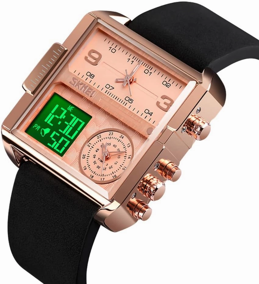 SKMEI Watches for Men, Square Men's Wrist Watches, LED Backlight Large Screen Multi-Time Zone Men's Watch, Waterproof Analog Men's Digital Sports Watch