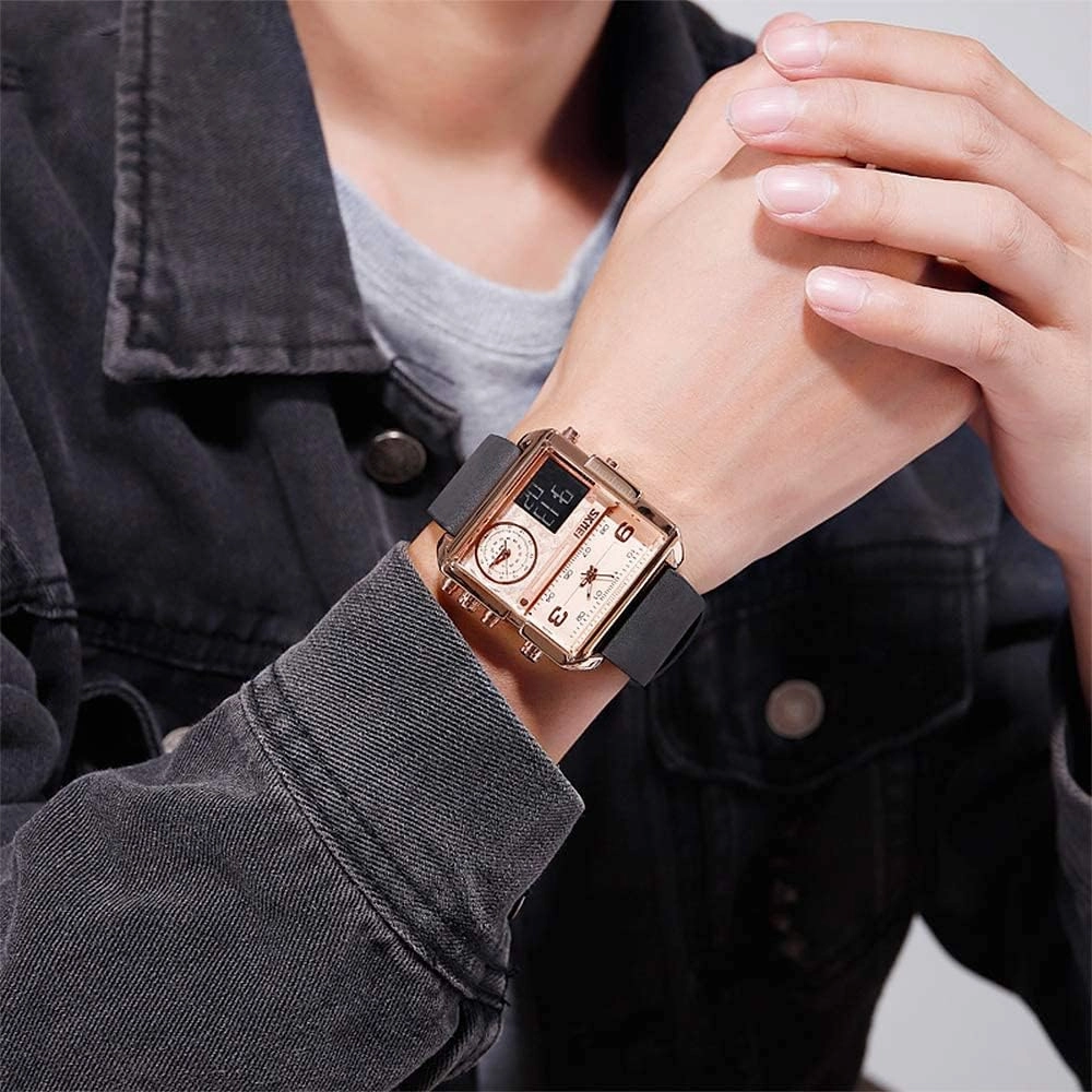 SKMEI Watches for Men, Square Men's Wrist Watches, LED Backlight Large Screen Multi-Time Zone Men's Watch, Waterproof Analog Men's Digital Sports Watch
