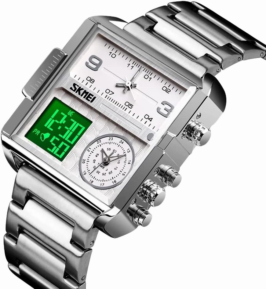 SKMEI Watches for Men, Square Men's Wrist Watches, LED Backlight Large Screen Multi-Time Zone Men's Watch, Waterproof Analog Men's Digital Sports Watch