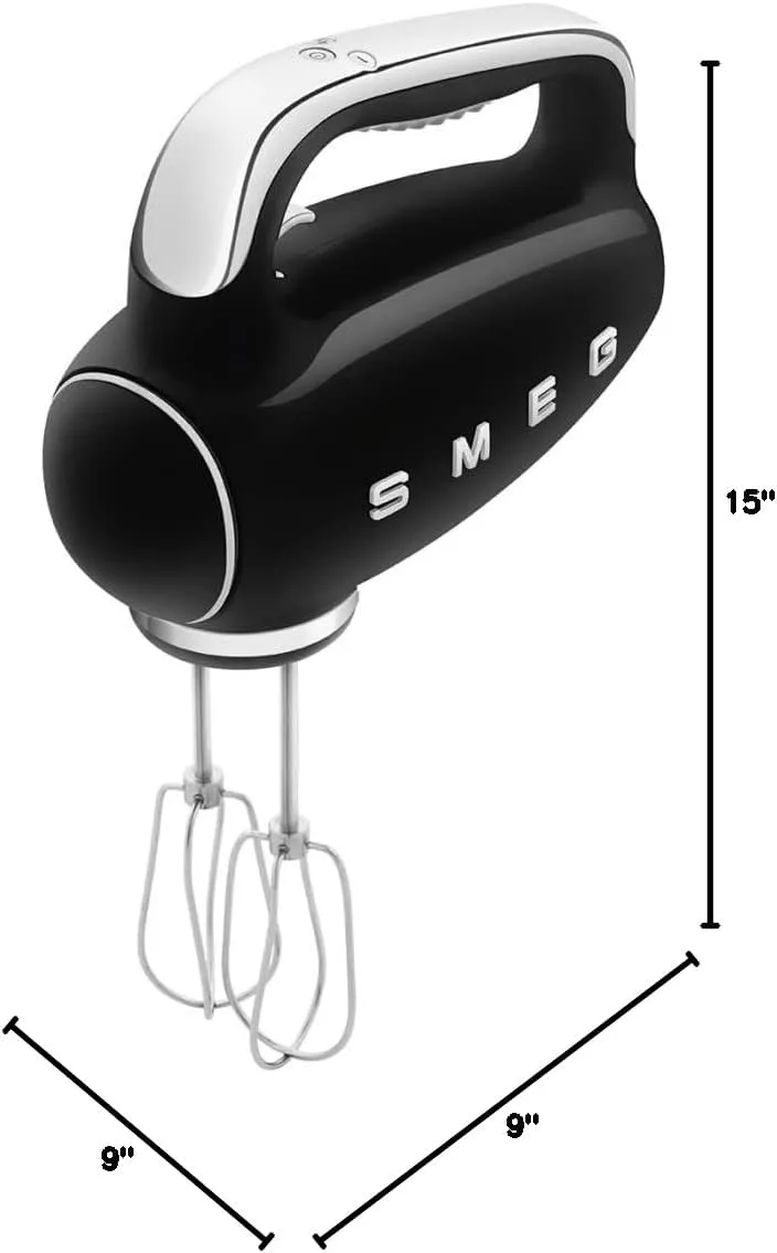 SMEG Black 50's Retro Style Electric Hand Mixer with Set of Beaters, Set of Dough Hooks and Set of Whisks