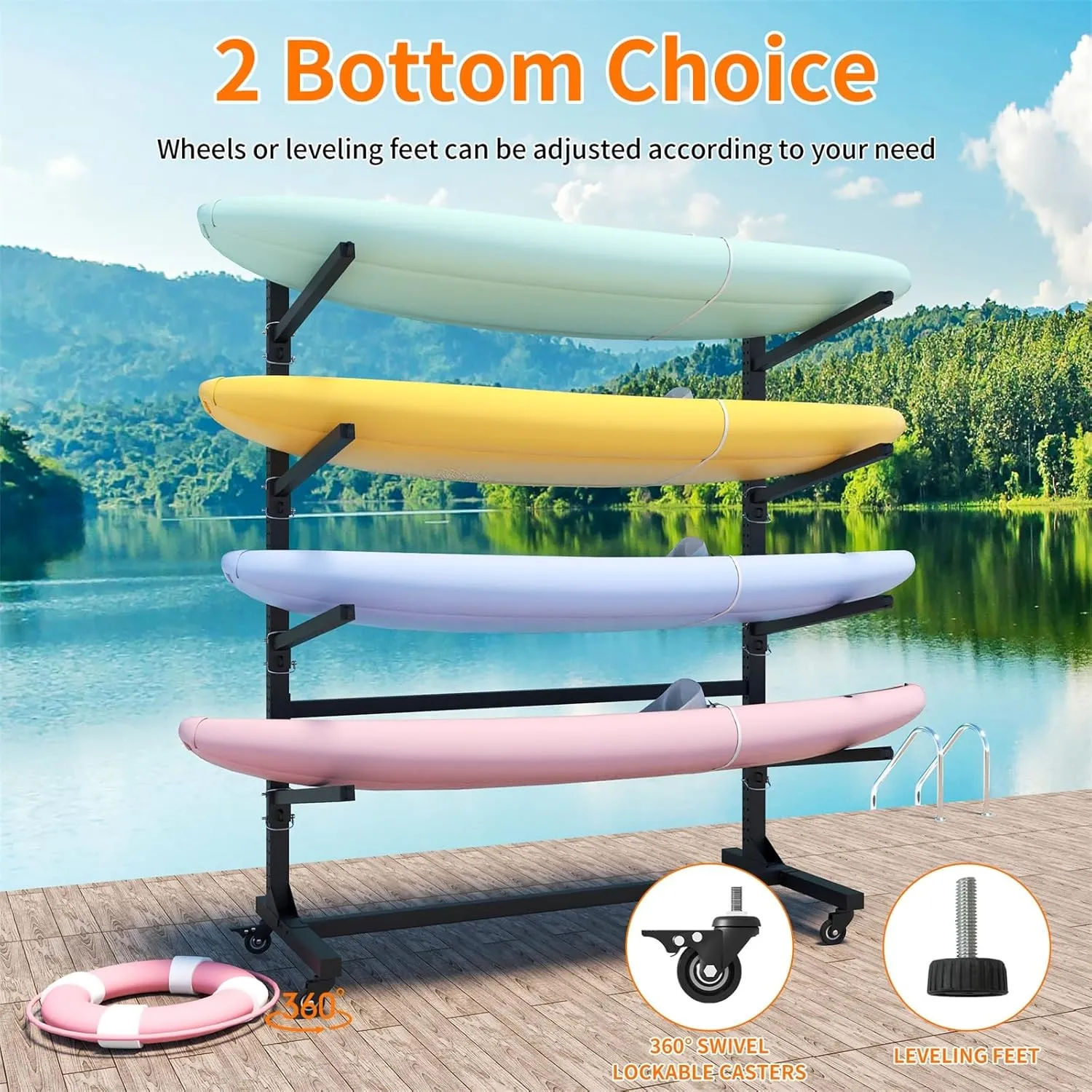 SogesGame Heavy Duty Metal Adjustable Freestanding Outdoor Kayak Storage Rack - Holds 4 Kayaks，with Lockable Wheels for Kayak, Canoe, Sup,Surfboard