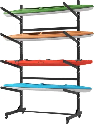 SogesGame Heavy Duty Metal Adjustable Freestanding Outdoor Kayak Storage Rack - Holds 4 Kayaks，with Lockable Wheels for Kayak, Canoe, Sup,Surfboard