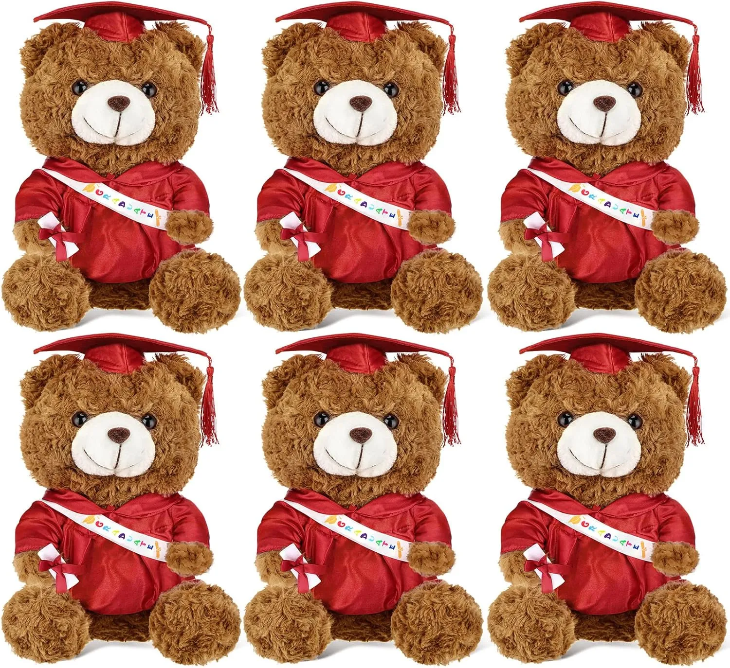 Sotiff 6 Pcs Class of 2025 Graduation Bears Bulk 9 Inches Graduation Plush Stuffed Animal Graduation Gifts Stuffed Bear Dolls with Graduation Gown Sash Diploma Cap Tassel for Graduation Party(Red)
