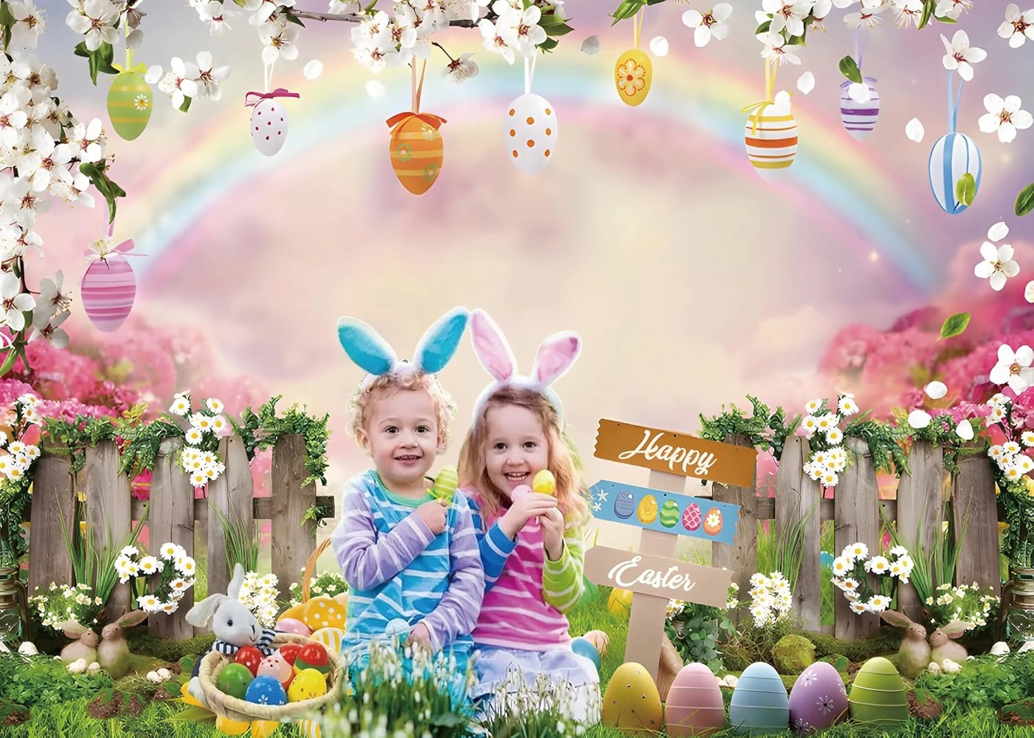 Spring Easter Backdrop 8x6ft Rainbow Grassland Bunny Easter Eggs Photography Background Fabric Party Decorations Studio Photo Booth Props