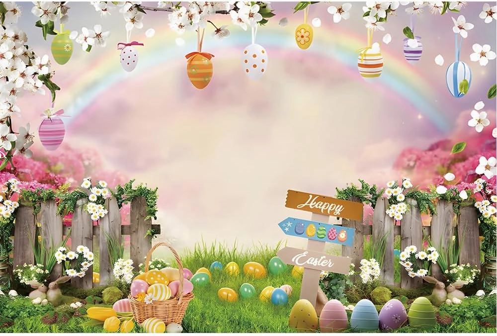 Spring Easter Backdrop 8x6ft Rainbow Grassland Bunny Easter Eggs Photography Background Fabric Party Decorations Studio Photo Booth Props