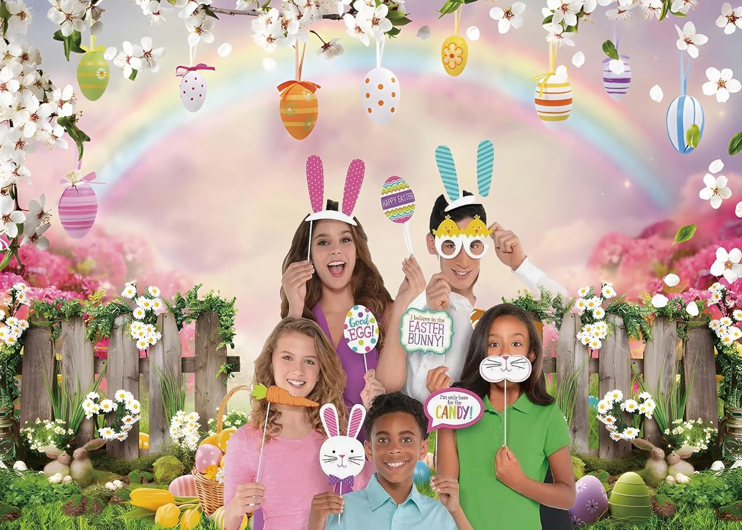 Spring Easter Backdrop 8x6ft Rainbow Grassland Bunny Easter Eggs Photography Background Fabric Party Decorations Studio Photo Booth Props