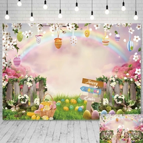 Spring Easter Backdrop 8x6ft Rainbow Grassland Bunny Easter Eggs Photography Background Fabric Party Decorations Studio Photo Booth Props