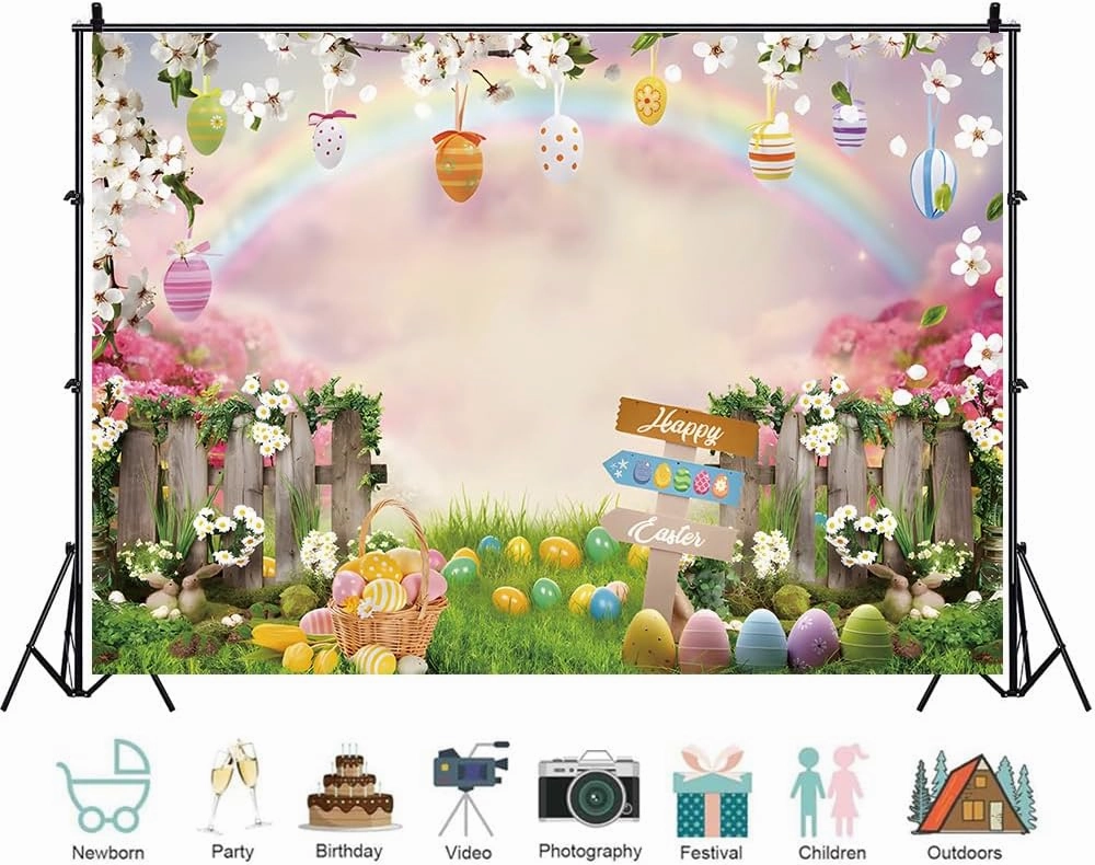 Spring Easter Backdrop 8x6ft Rainbow Grassland Bunny Easter Eggs Photography Background Fabric Party Decorations Studio Photo Booth Props