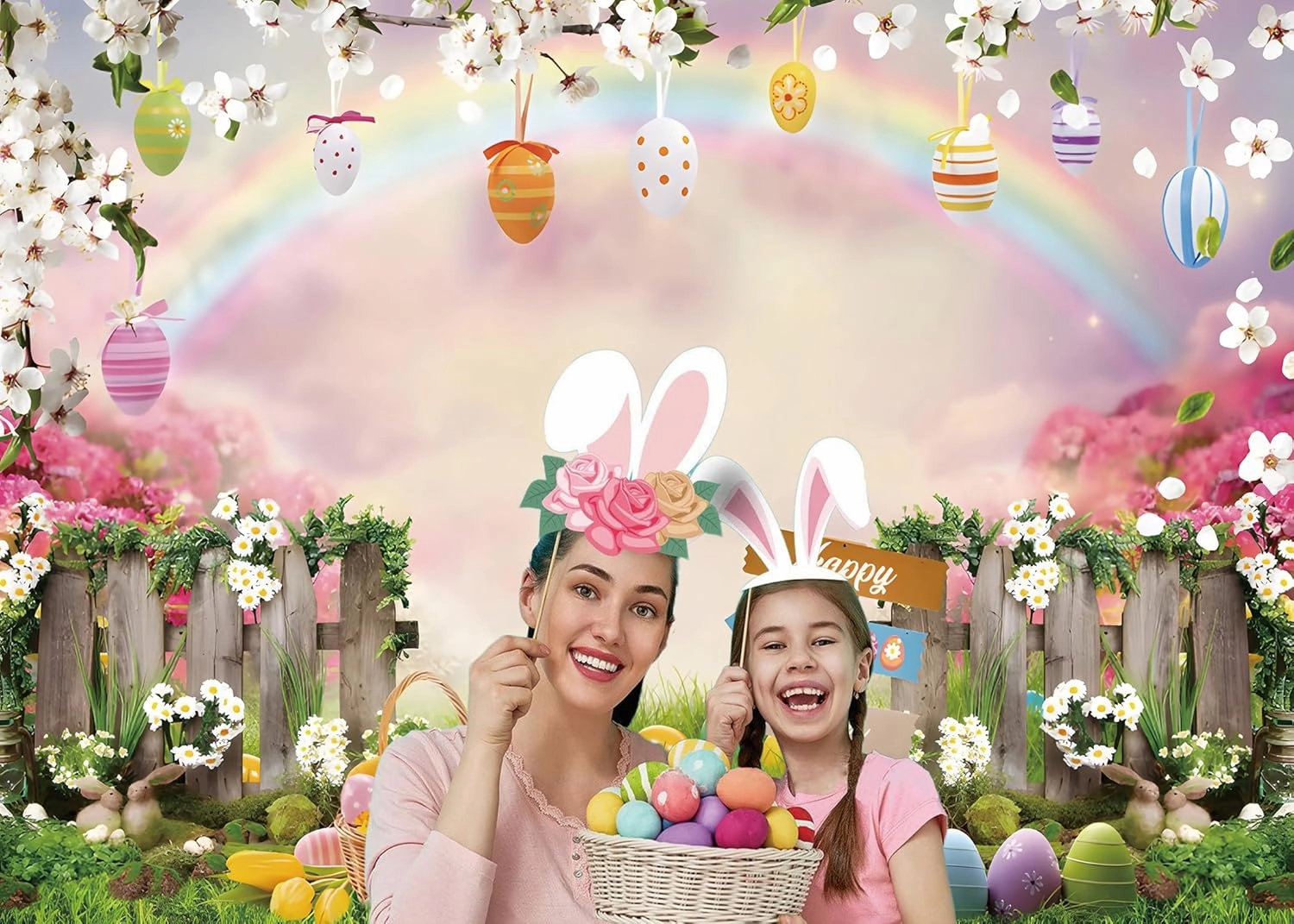 Spring Easter Backdrop 8x6ft Rainbow Grassland Bunny Easter Eggs Photography Background Fabric Party Decorations Studio Photo Booth Props