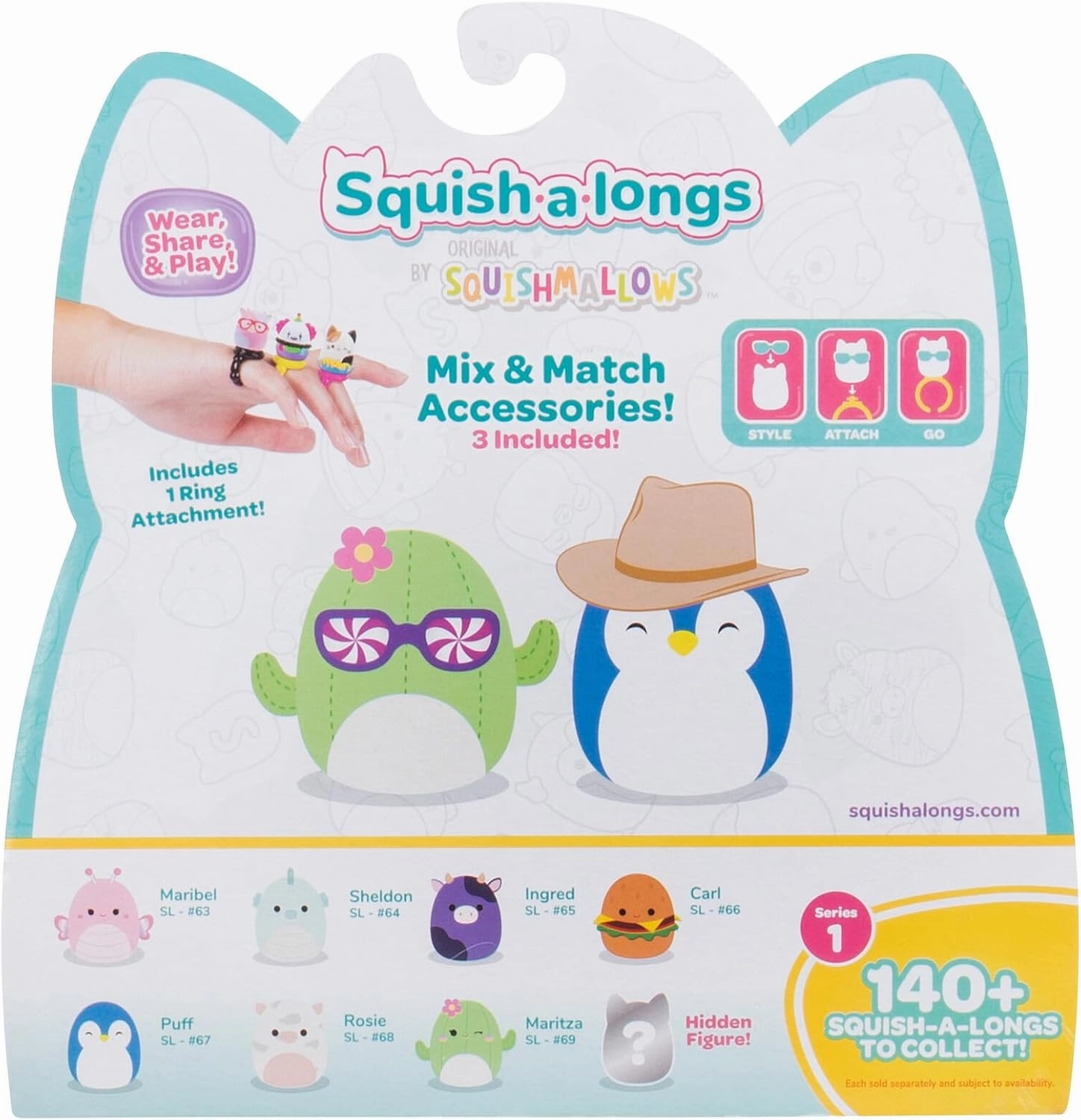 Squish-a-longs 8 Pack - Series 1, Style 1 - (8) 1” Mini-Squish with 2 Accessories, Ring, and Collector’s Guide - Collect, Trade, & Play