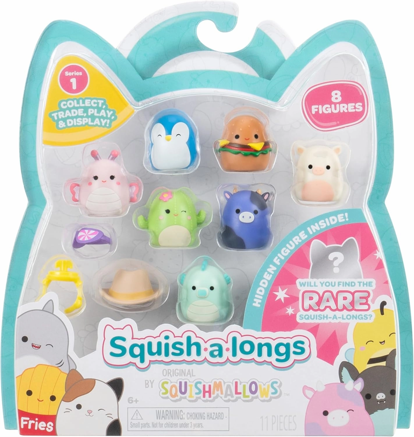 Squish-a-longs 8 Pack - Series 1, Style 1 - (8) 1” Mini-Squish with 2 Accessories, Ring, and Collector’s Guide - Collect, Trade, & Play