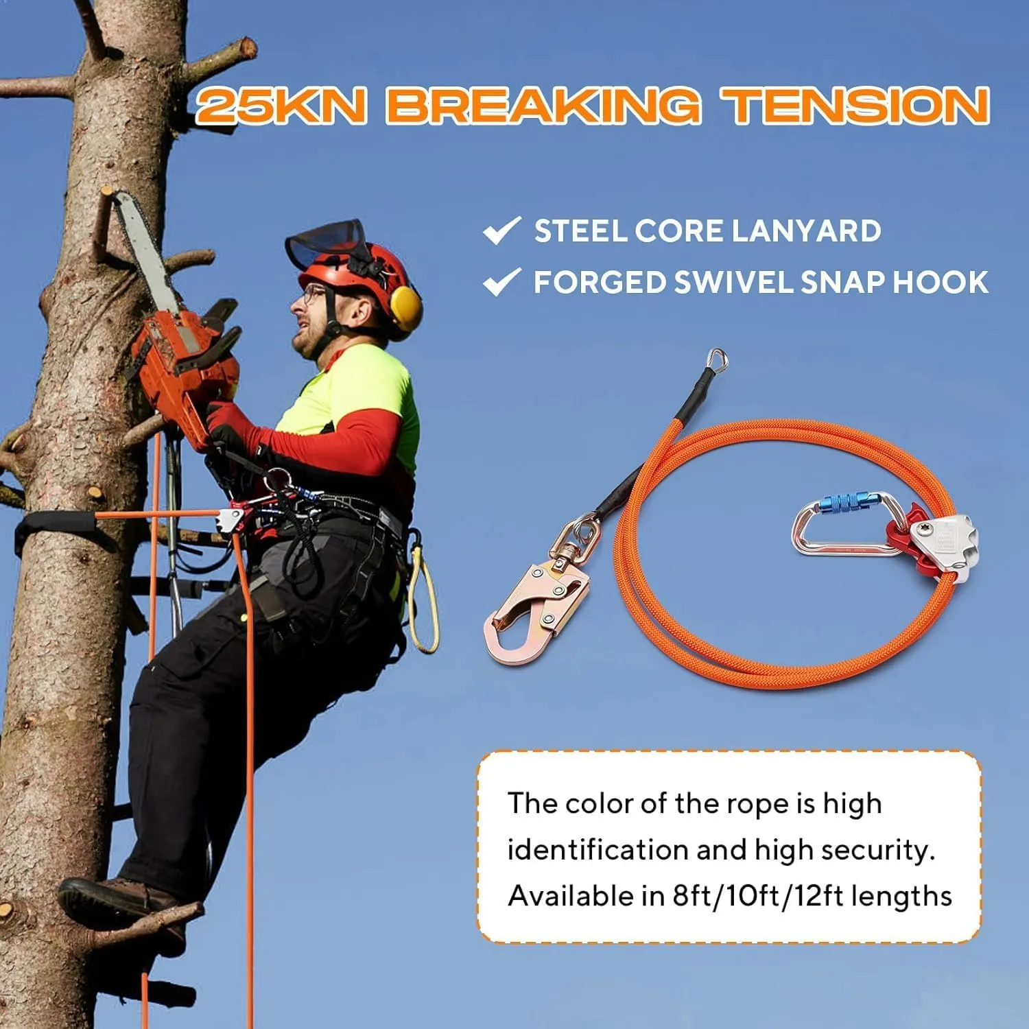 Steel Wire Core Flip Line Kit 1/2" X16ft Arborist Equipment,Adjustable Lanyard Steel Core Tree Climbing Positioning Lanyard for Fall Protection Climbers Tree Climbers,Low Stretch Cut Resistant