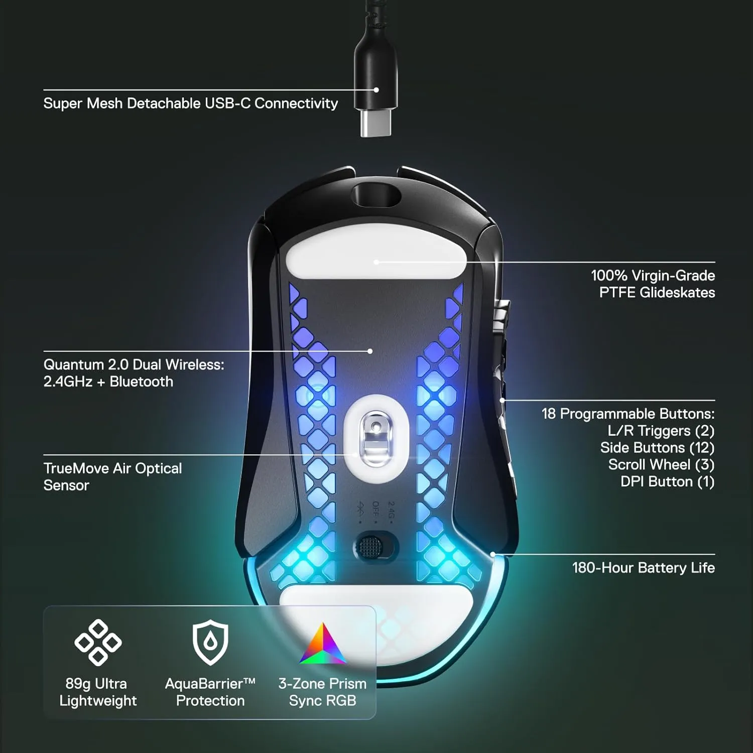 SteelSeries Aerox 9 Wireless - Ultra-Lightweight, 18000 CPI, TrueMove Air Optical Sensor, Water Resistant, 180 Hour Battery, 18 Programmable Buttons