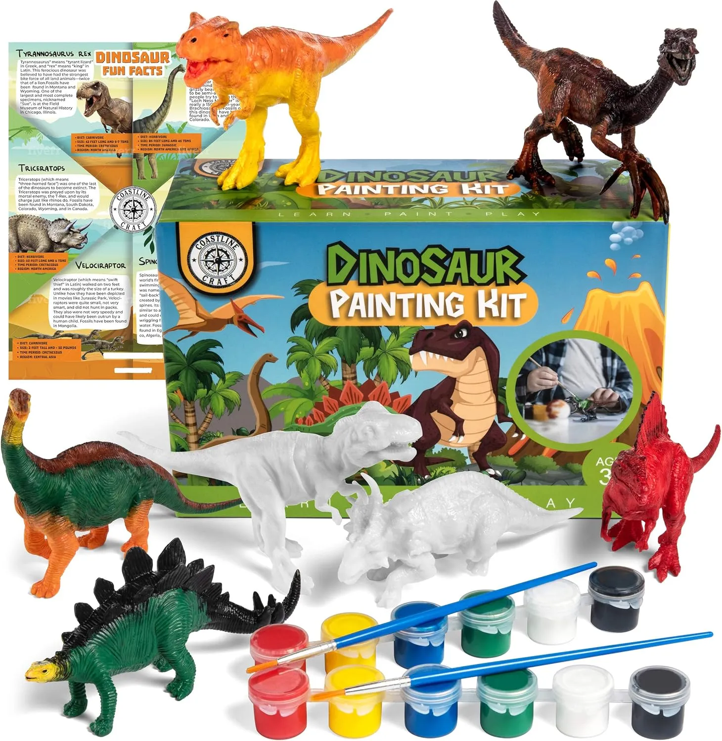 STEM.org Dinosaur Painting Kit for Kids with Dino Trivia-Dinosaur Crafts for Kids Ages 3-5   w/ 2T-Rex Dinosaur Set - Screen Free, Educational Dinosaur Gifts for Boys, Dino Art Projects for Kids 4-6