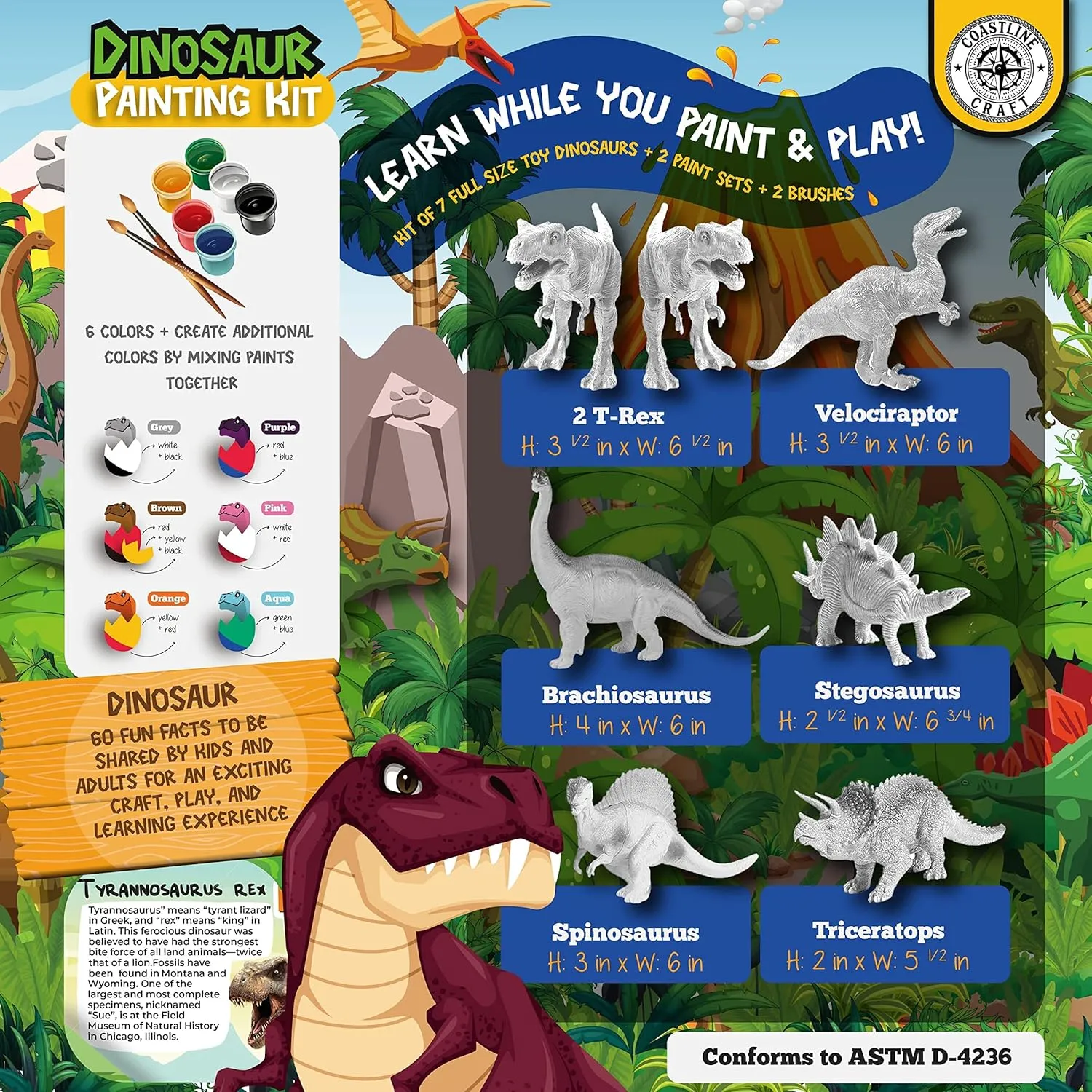 STEM.org Dinosaur Painting Kit for Kids with Dino Trivia-Dinosaur Crafts for Kids Ages 3-5   w/ 2T-Rex Dinosaur Set - Screen Free, Educational Dinosaur Gifts for Boys, Dino Art Projects for Kids 4-6