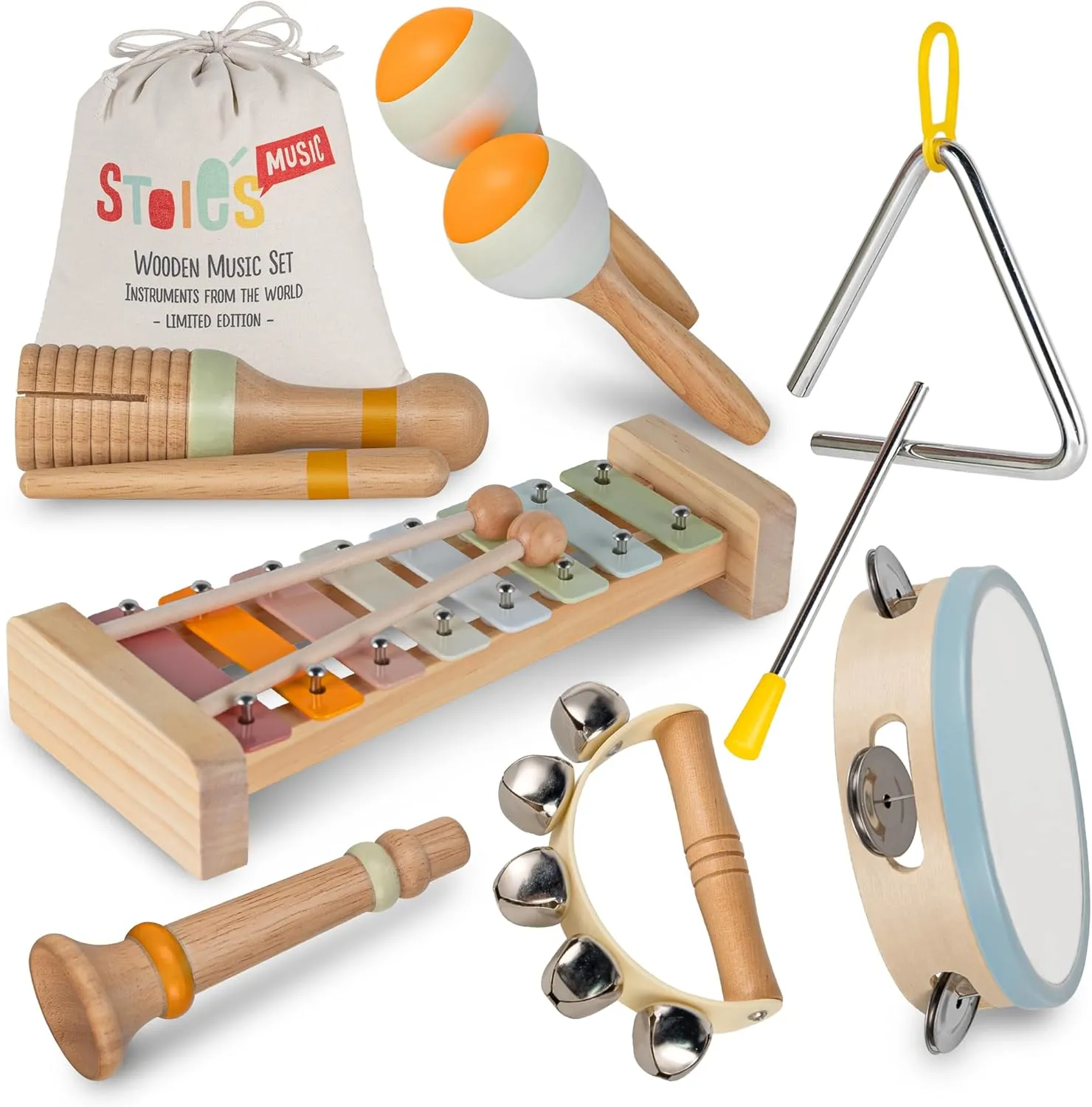 Stoie's Wooden Kids Musical Instruments for Babies and Toddlers 3-9 Years Old, Montessori Educational Music Toy with Xylophone, Tambourine, Hand Bell, Triangle, Maracas, Durable, Storage Bag, Unisex