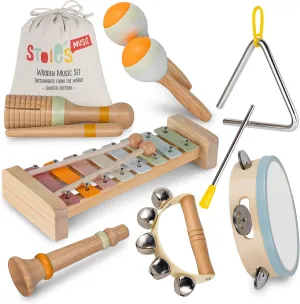 Stoie's Wooden Kids Musical Instruments for Babies and Toddlers 3-9 Years Old, Montessori Educational Music Toy with Xylophone, Tambourine, Hand Bell, Triangle, Maracas, Durable, Storage Bag, Unisex