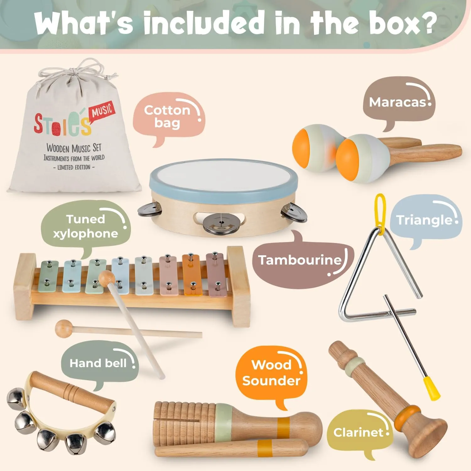 Stoie's Wooden Kids Musical Instruments for Babies and Toddlers 3-9 Years Old, Montessori Educational Music Toy with Xylophone, Tambourine, Hand Bell, Triangle, Maracas, Durable, Storage Bag, Unisex