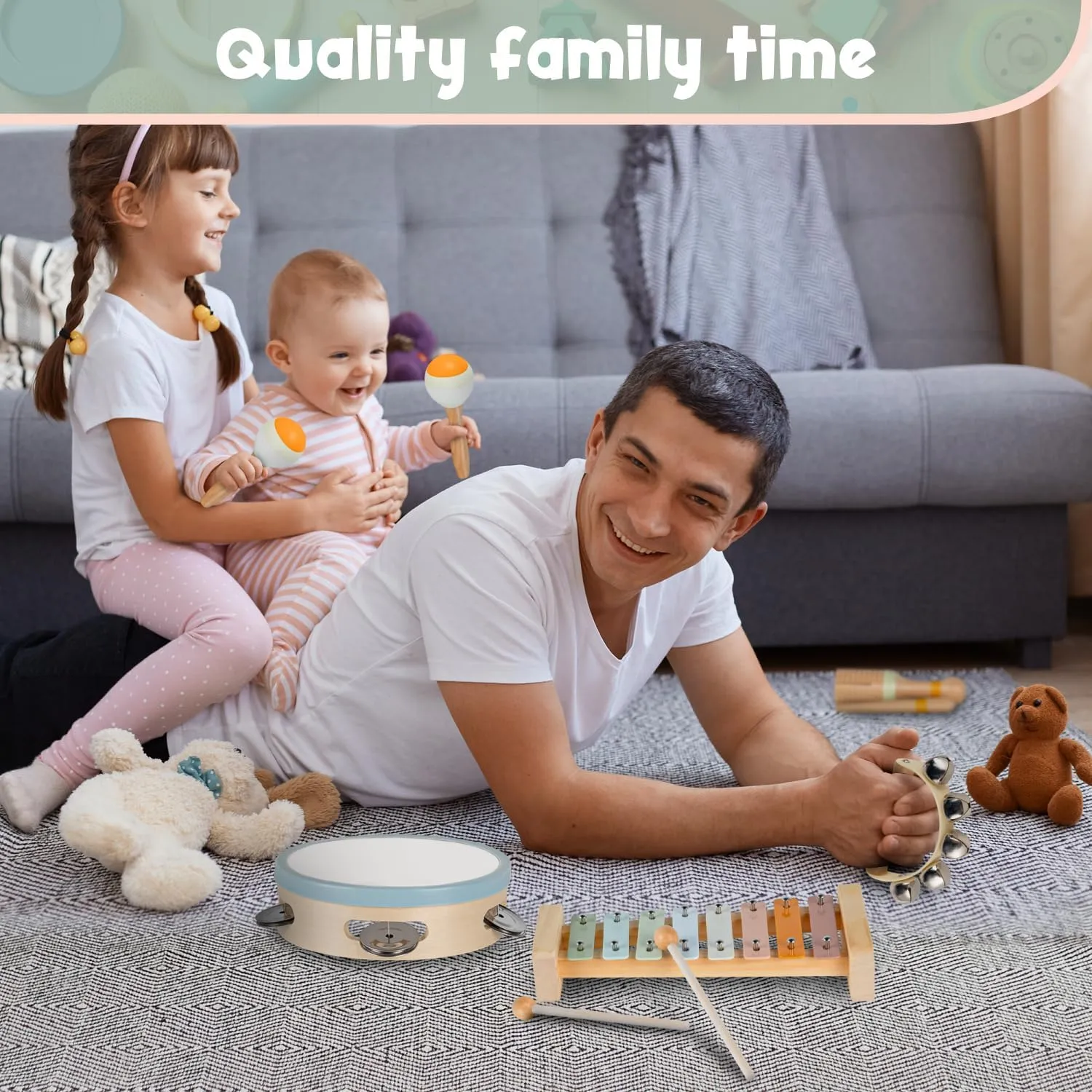Stoie's Wooden Kids Musical Instruments for Babies and Toddlers 3-9 Years Old, Montessori Educational Music Toy with Xylophone, Tambourine, Hand Bell, Triangle, Maracas, Durable, Storage Bag, Unisex