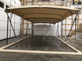 SunPro Series, Lab Certified 50  UPF Monster Double Pontoon Boat Bimini Top in Beige, 17' Long, 8 1/2' Wide, fits 97-103" Wide, Complete Dual Kit with Frame, Canopies w/Storage Boots, Hardware