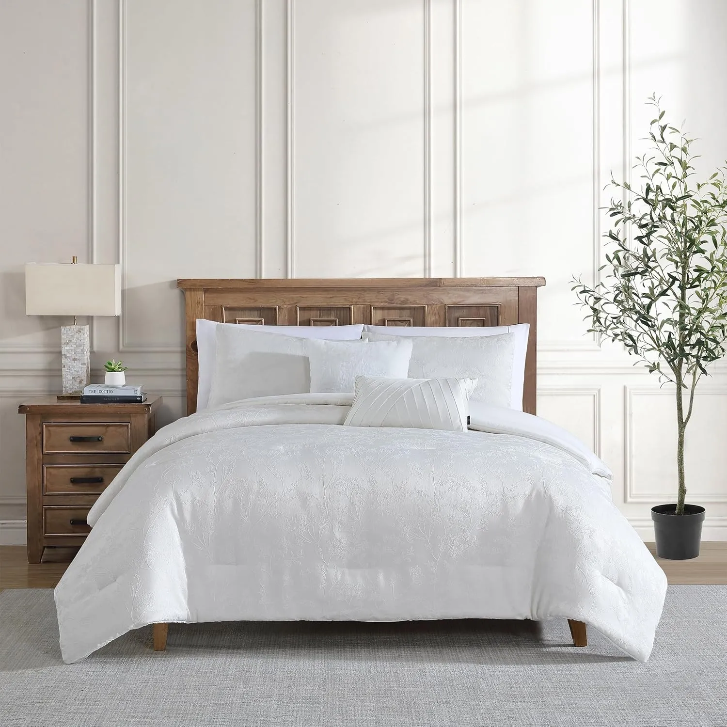 Tahari Home - King Size Comforter, 5-Piece Jacquard Bedding Set with Matching Shams & Decorative Pillows (Nikka Collection, Coconut Milk)