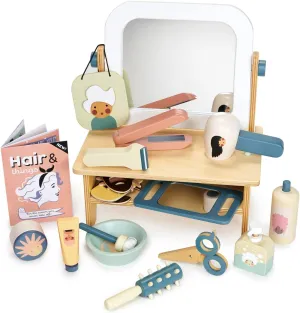 Tender Leaf Toys - Hair Salon - 21 Piece Pretend Play Wooden Hair Cutting Kit, Hairdresser Kit, Hair Styling Set with Tilting Mirror - Encourages Role-Play, Story Invention in Boys and Girls - Age 3 