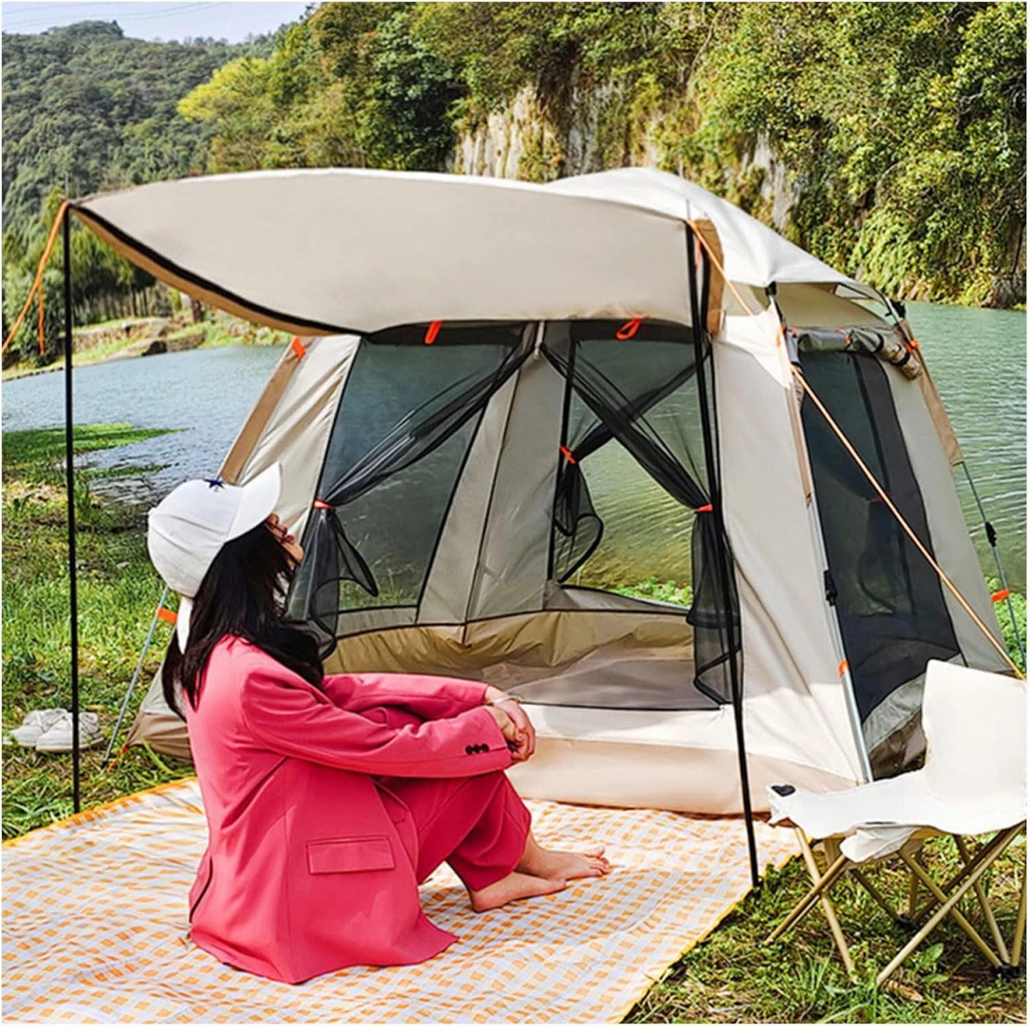 Tent Canopy 4 People Double Doors and Four Windows, Frame Tent Stable and Practical Tenting for Family,Outdoor,Hiking and Mountaineering