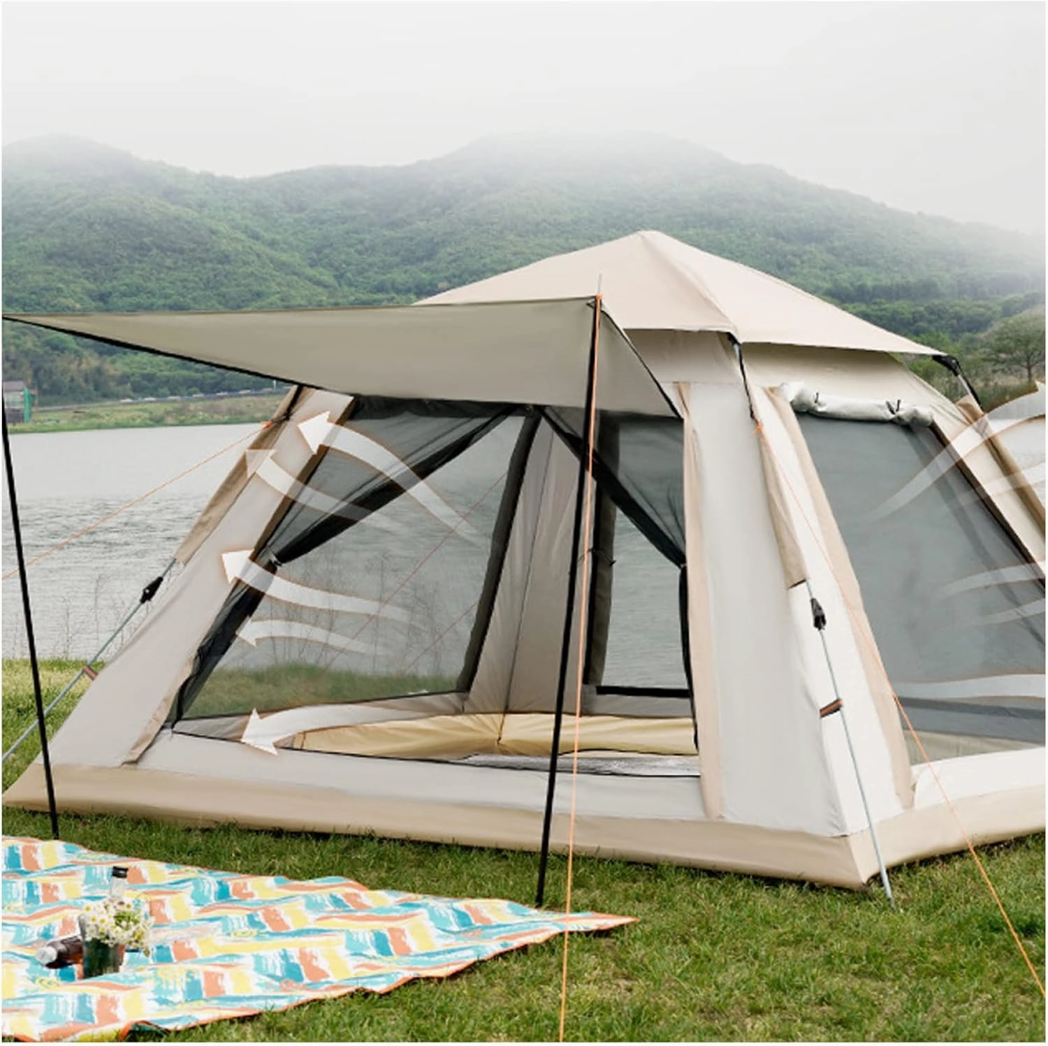 Tepee Tent 4 People Waterproof,Double Doors and Four Windows Large Camping Tent Sturdy and Lightweight Family Tents for Hiking Backpacking