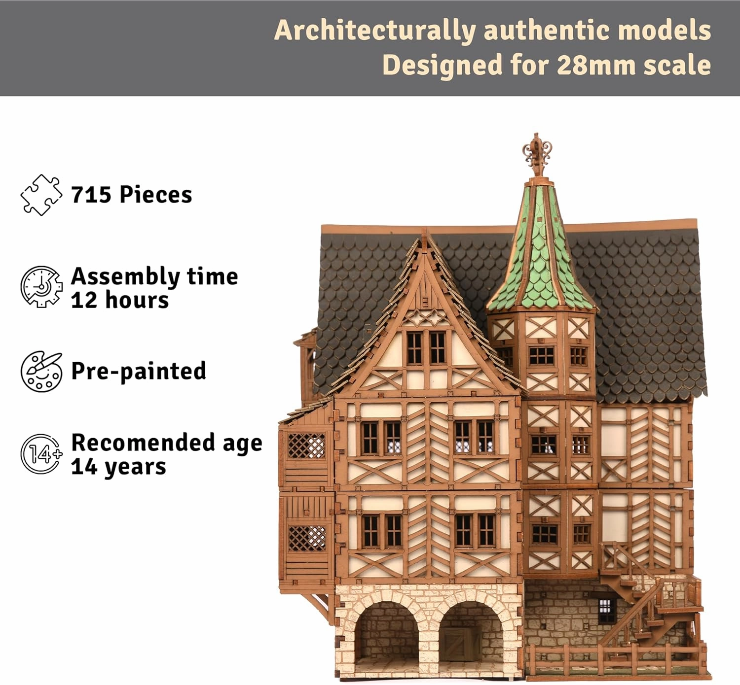 The Tavern - Medieval House (Crooked Elbow) DIY Wooden House Building Kit -715PCS; 12hrs Assembly time; Age Group 18  - Realistic