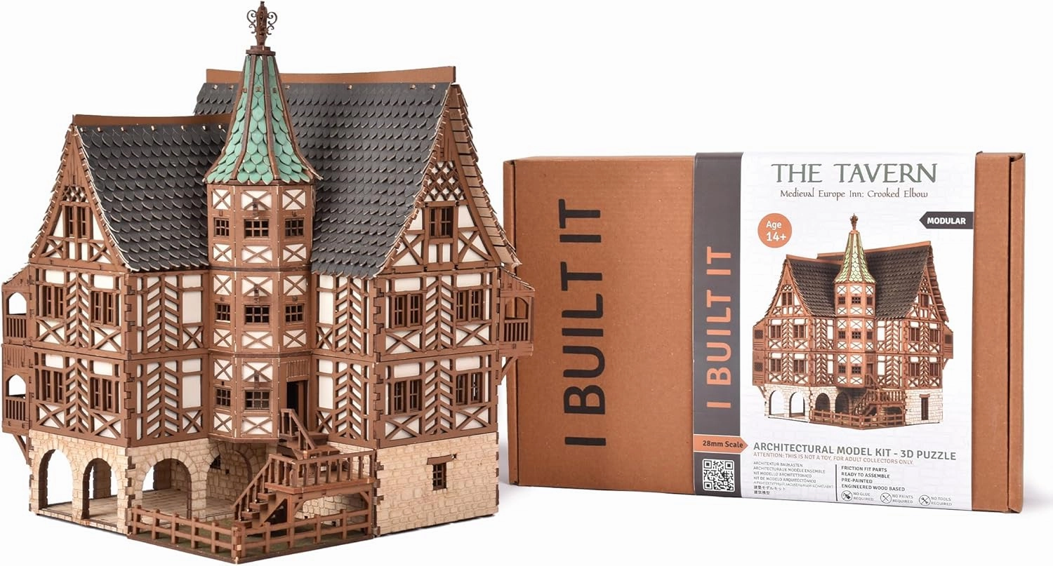 The Tavern - Medieval House (Crooked Elbow) DIY Wooden House Building Kit -715PCS; 12hrs Assembly time; Age Group 18  - Realistic