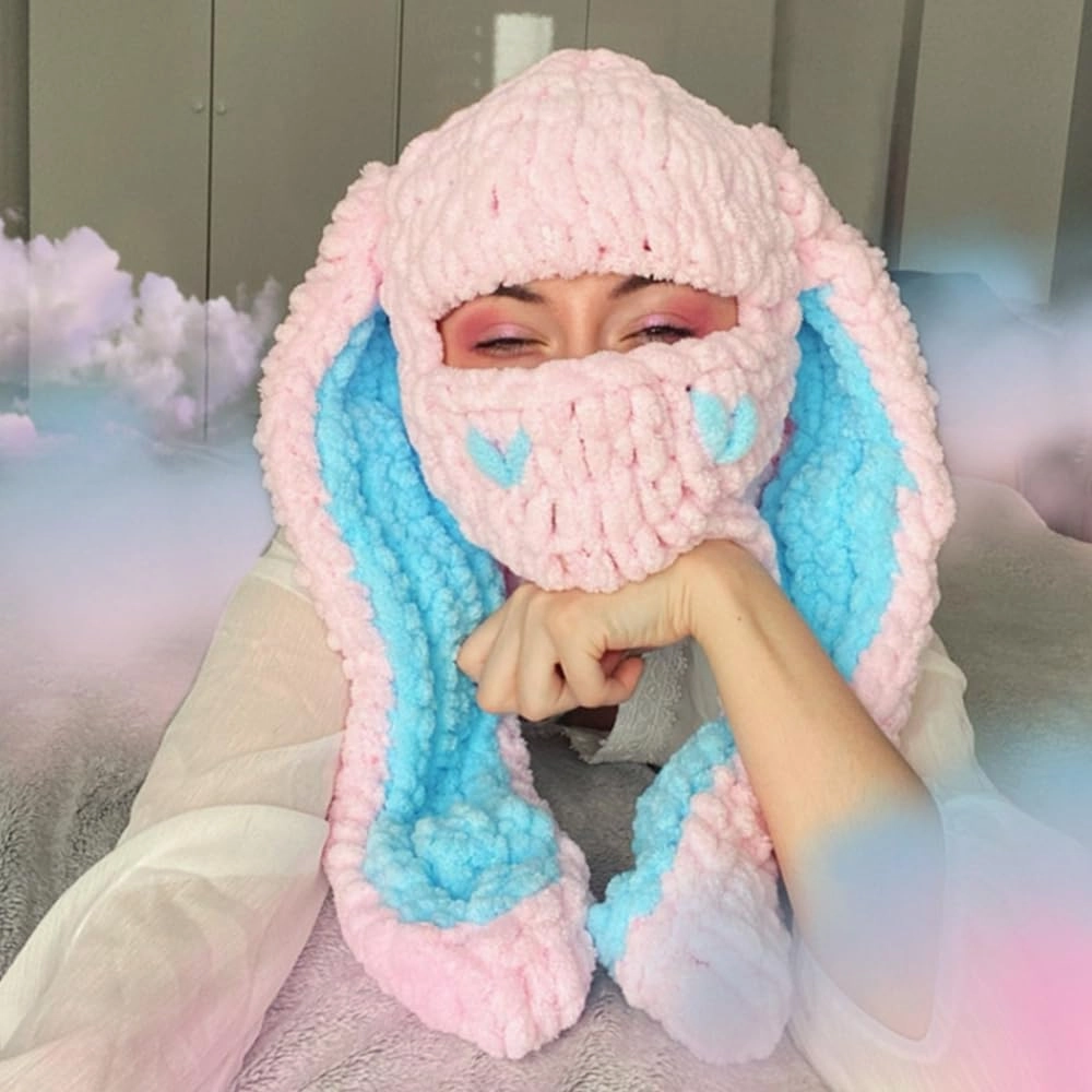 Thickened Crochet Knit Balaclava Hat for Women Girls, Funny Long Bunny Ears Beanie Hat with Scarf Mask Thermal Headwear