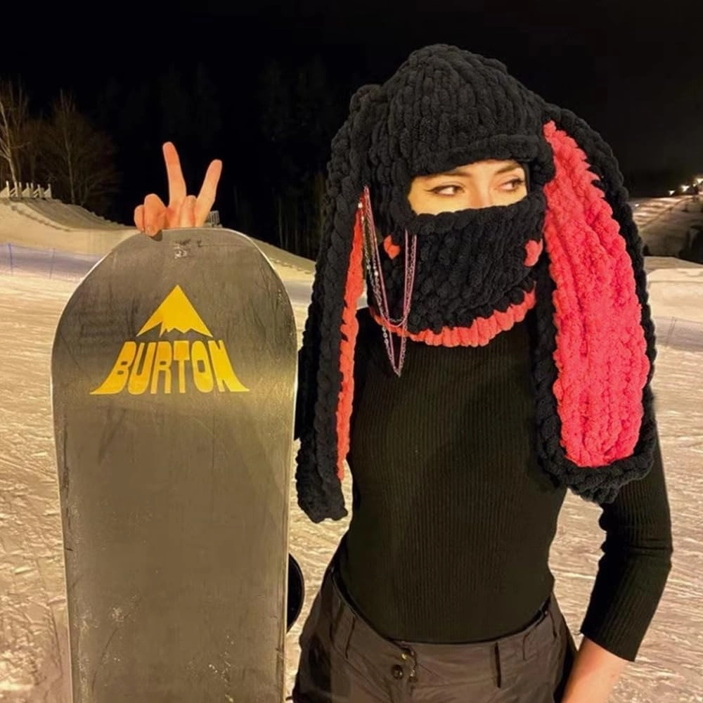 Thickened Crochet Knit Balaclava Hat for Women Girls, Funny Long Bunny Ears Beanie Hat with Scarf Mask Thermal Headwear