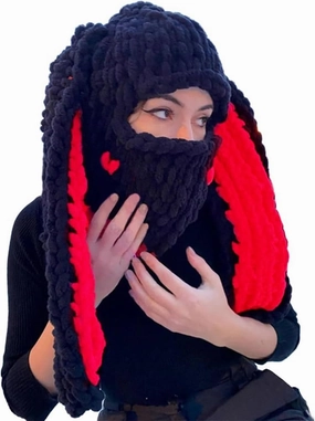 Thickened Crochet Knit Balaclava Hat for Women Girls, Funny Long Bunny Ears Beanie Hat with Scarf Mask Thermal Headwear