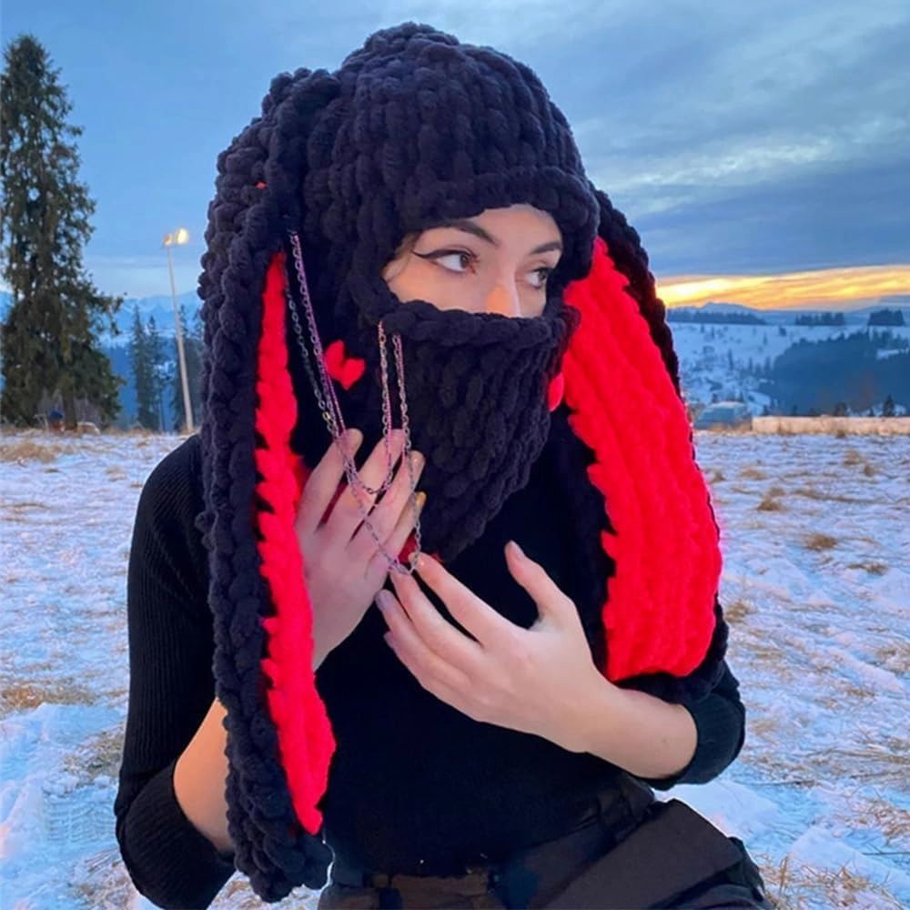 Thickened Crochet Knit Balaclava Hat for Women Girls, Funny Long Bunny Ears Beanie Hat with Scarf Mask Thermal Headwear