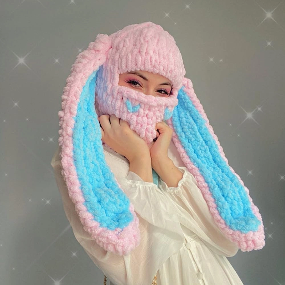 Thickened Crochet Knit Balaclava Hat for Women Girls, Funny Long Bunny Ears Beanie Hat with Scarf Mask Thermal Headwear